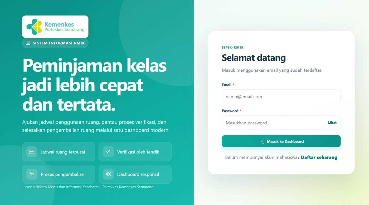 Tampilan halaman masuk sistem Peminjaman Kelas RMIK